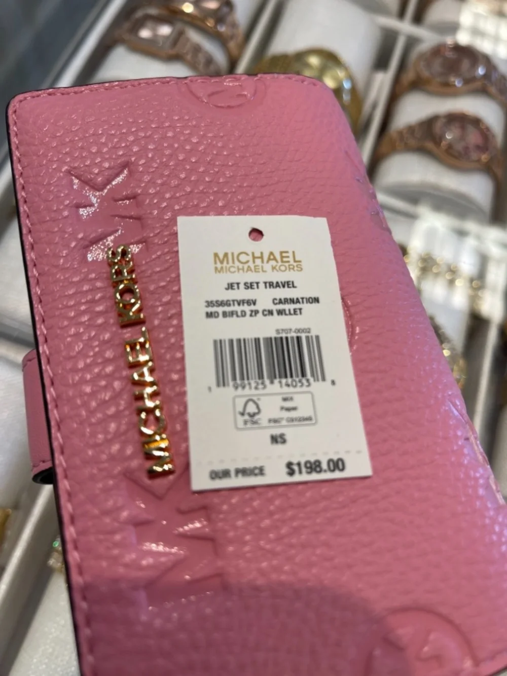 MICHAEL KORS Jet Set Travel Medium Logo Debossed Billfold Wallet Carnation  NWT